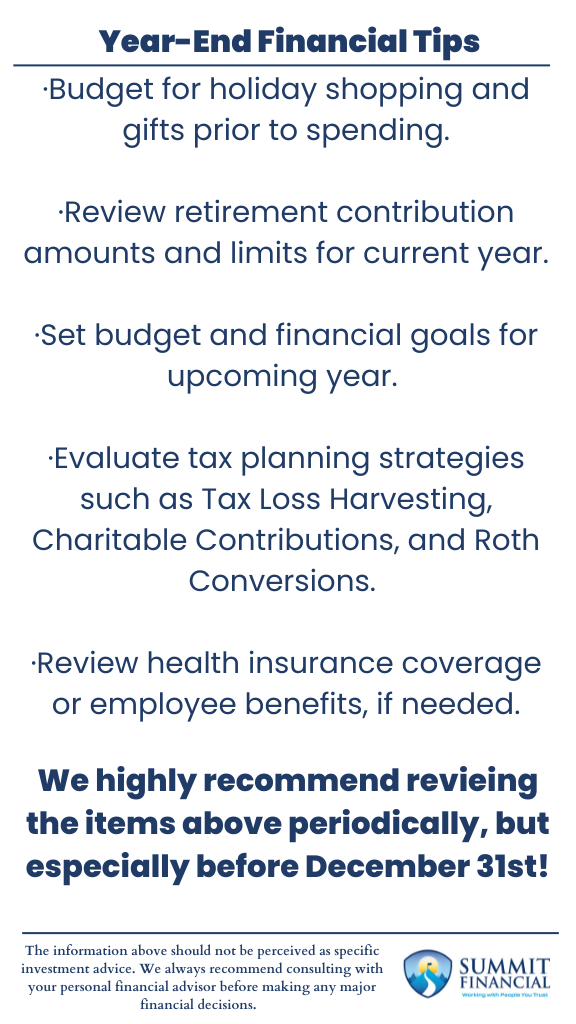 Year-end financial checklist including budgeting for holiday shopping, maximizing retirement contributions, tax strategies like tax loss harvesting, charitable contributions, Roth conversions, and reviewing health insurance options.