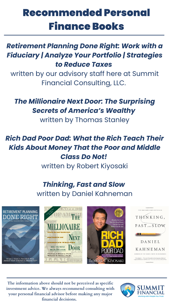 Infographic comparing key lessons from four recommended finance books, covering budgeting, risk tolerance, asset growth, and behavioral finance insights.